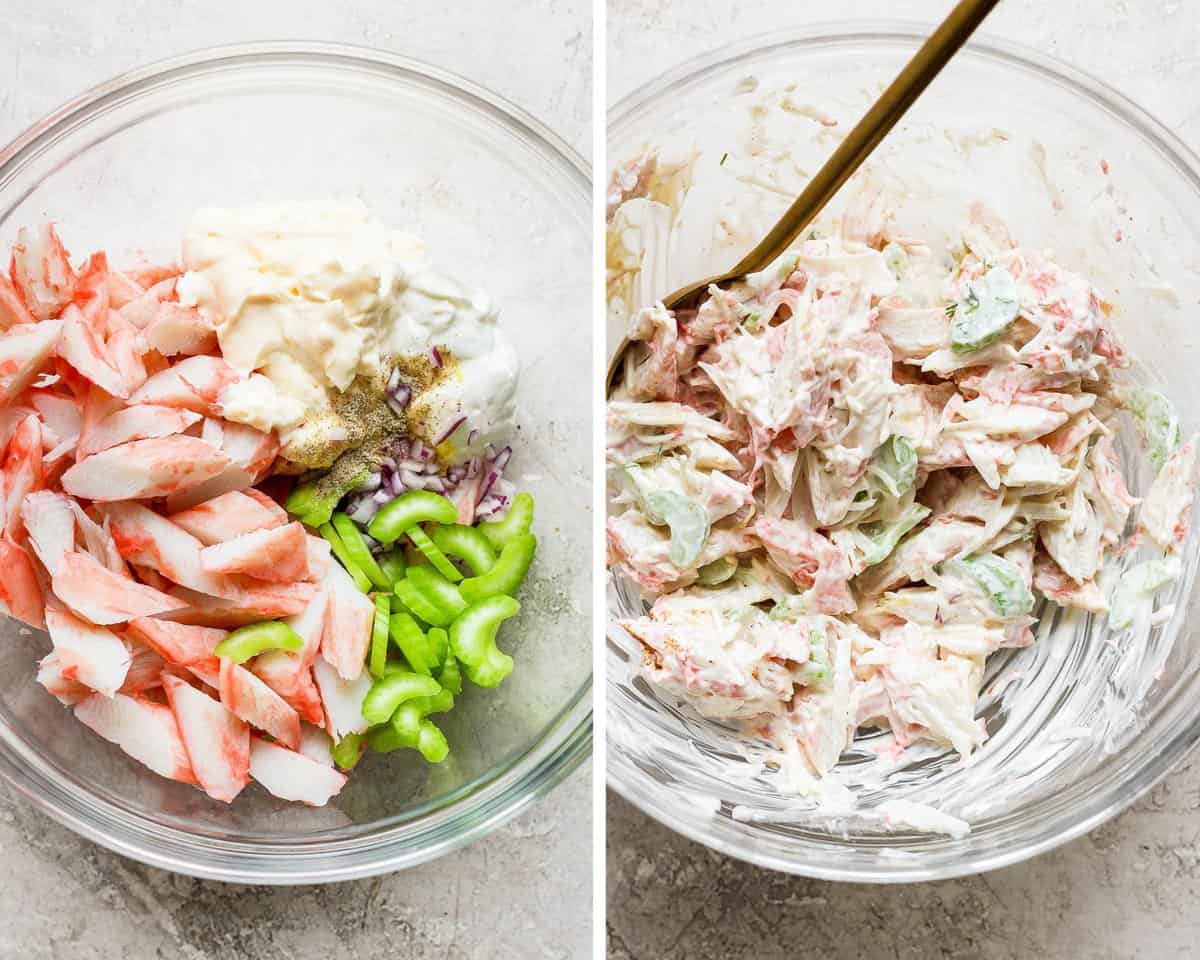 Two images showing the crab salad ingredients in a glass bowl before mixing and after.