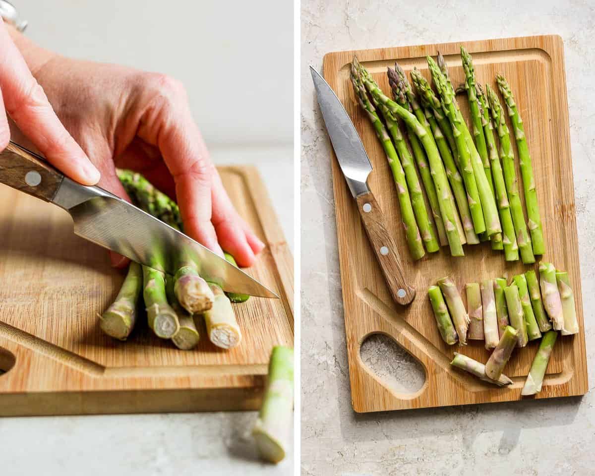 Two images showing a knife cutting the woody ends off and then showing the entire bunch of asparagus trimmed next to the knife.