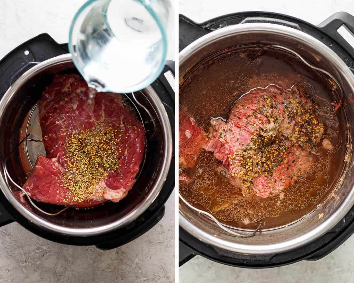 Two images showing the water and corned beef going into the pot and then after cooking for 70 minutes.