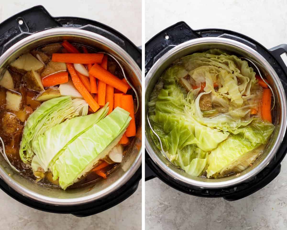 Two images showing the instant pot after removing the beef and adding the fresh veggies and then after they have cooked.