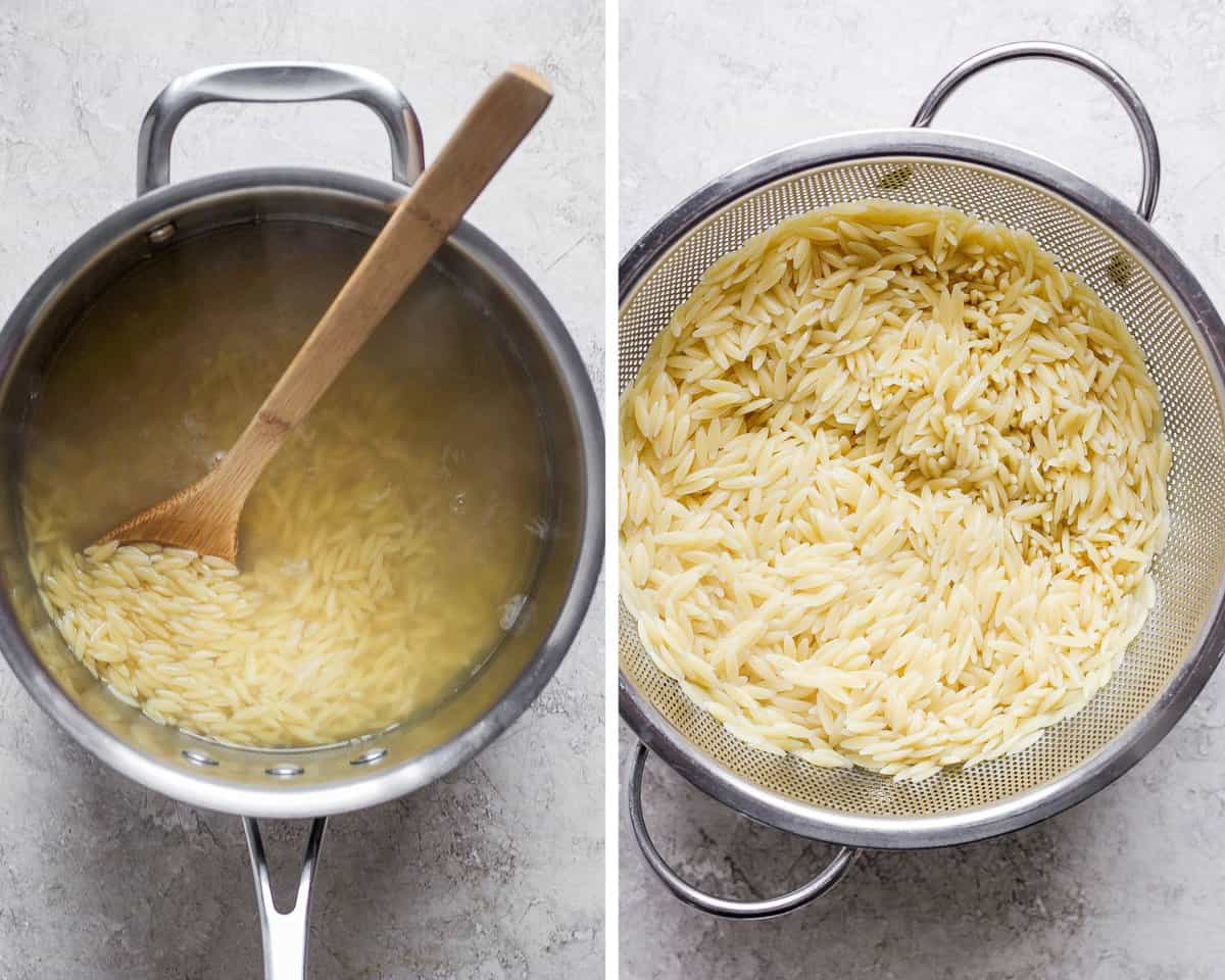 Orzo in a sauce pan with water and wooden spoon.  Cooked orzo in a colander.