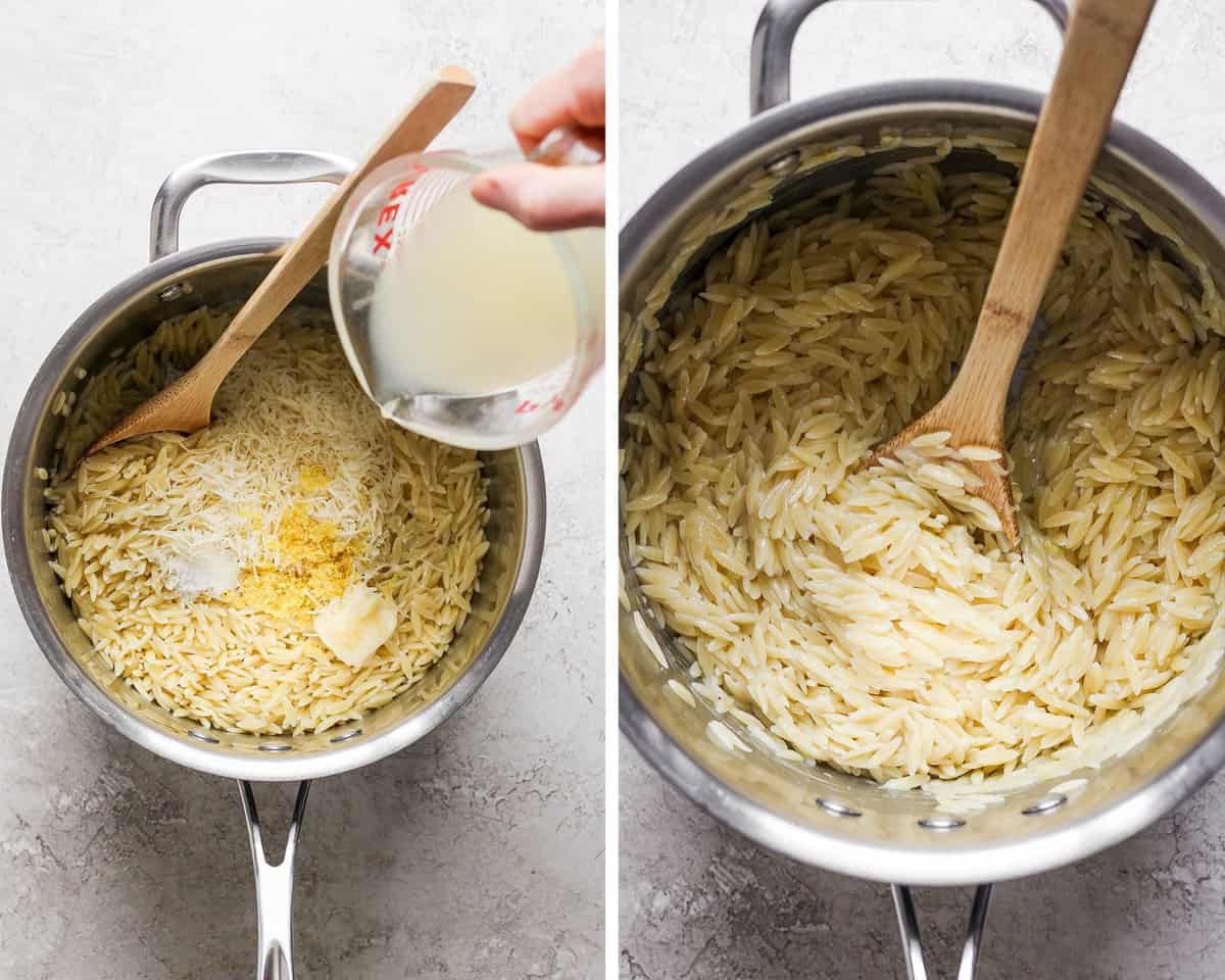 Butter, lemon zest and juice, parmesan cheese, salt, and cooked pasta in a sauce pan.  All of the ingredients mixed together in the sauce pan.