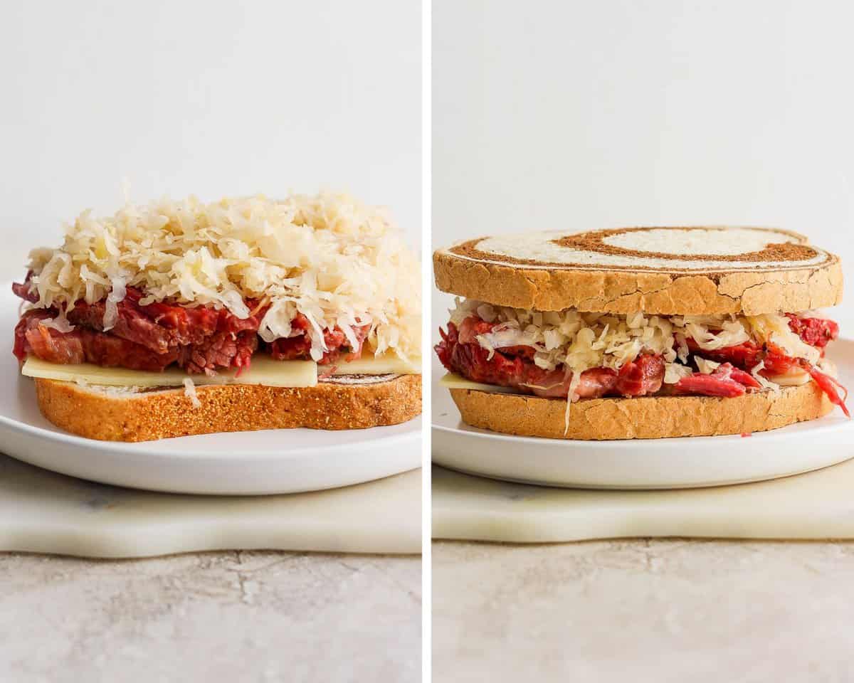 An open faced reuben with a slice of bread, cheese, corned beef, and sourkraut with a photo of the same thing but topped with another slice of bread.