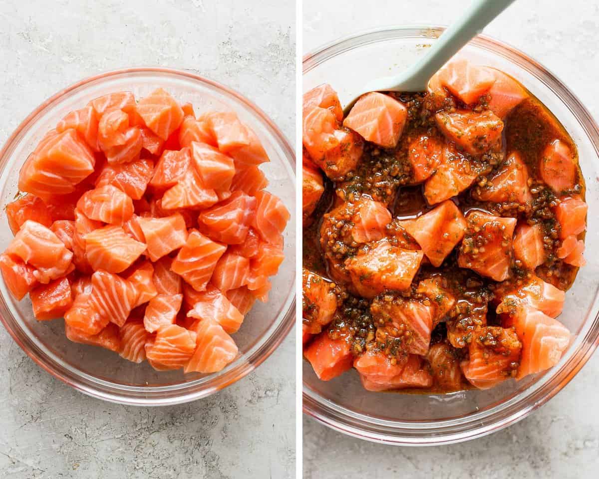A bowl of cubed salmon and then that same salmon with marinade on top.