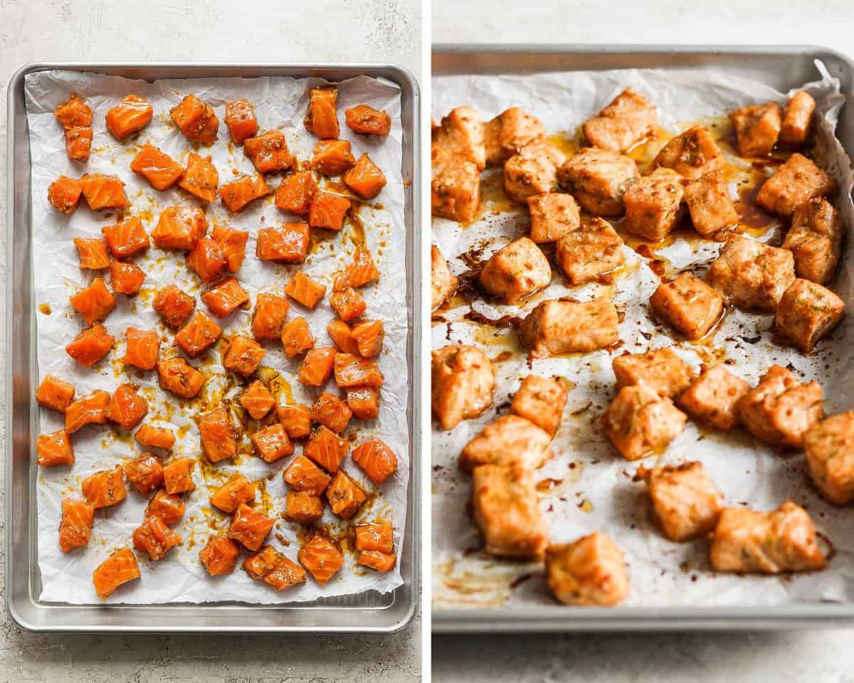 cubed salmon on a baking sheet lined with parchment paper.