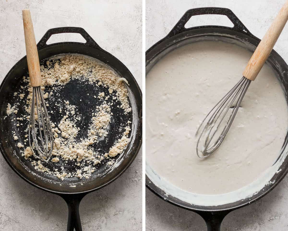 Two images showing the flour added to the butter and then the creamy sauce with a whisk.
