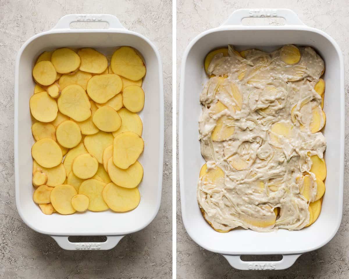 Two images showing the sliced potatoes in the bottom of a baking dish and then with half the sauce on top.
