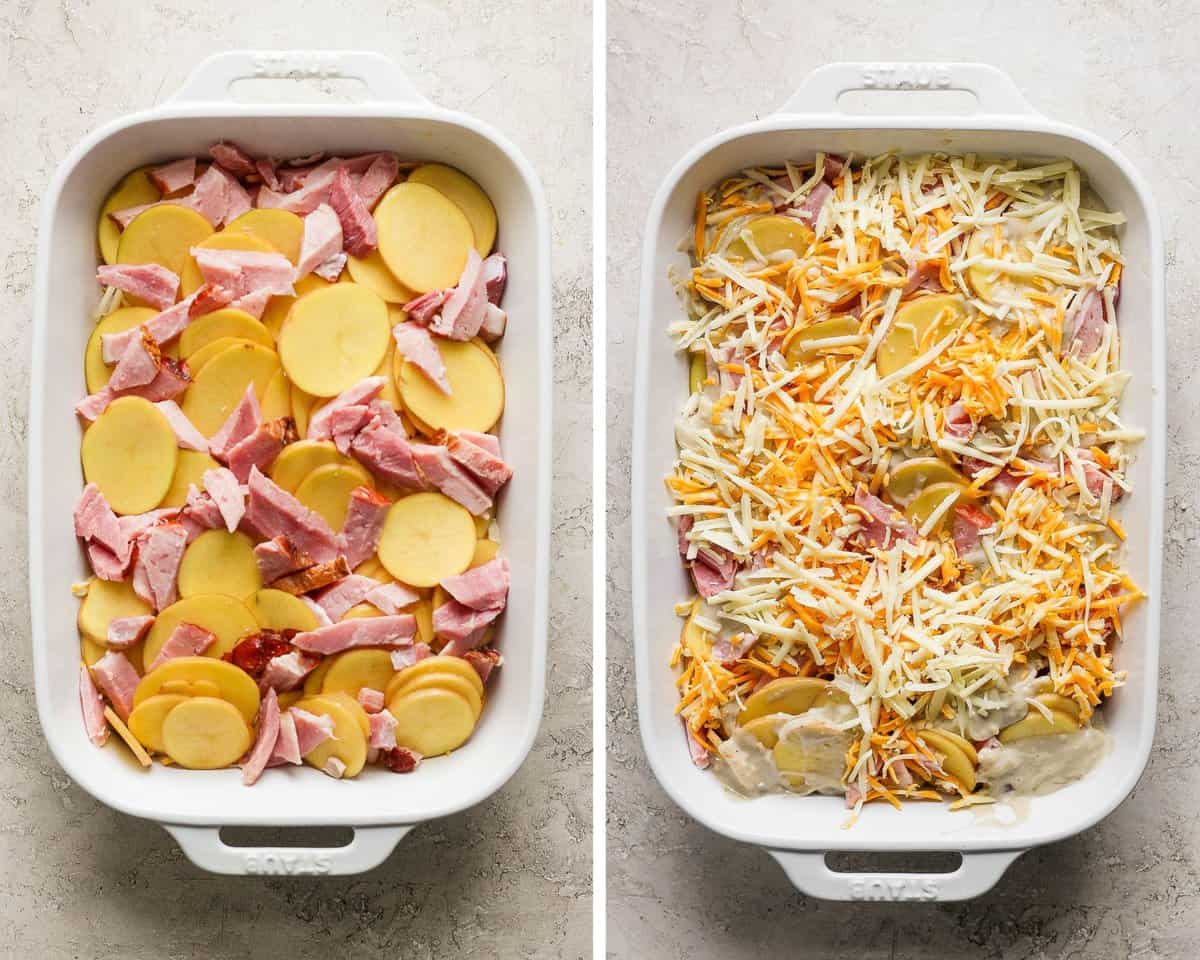 Two images showing the ham added to the baking dish and then all of the layers before baking.