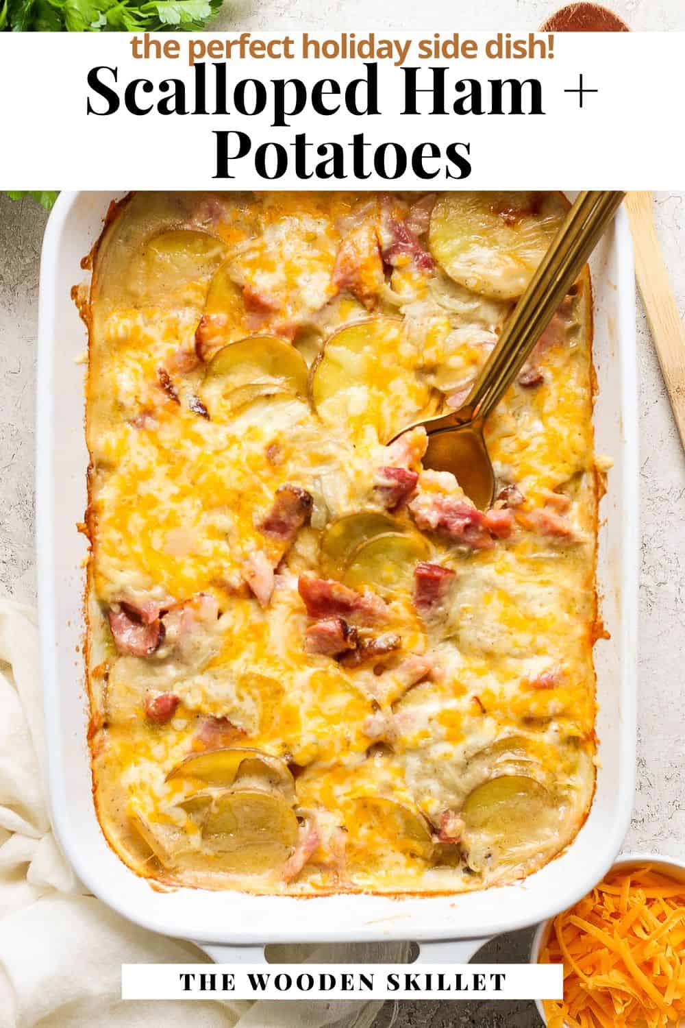 Pinterest image for scalloped ham and potatoes.