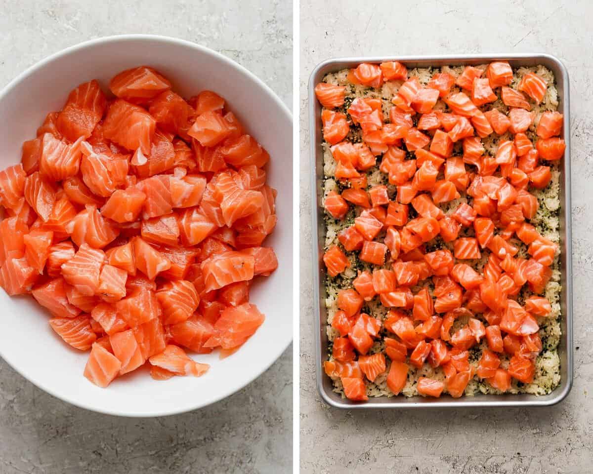Two images showing a bowl of salmon cubes and then the salmon spread on the baked rice.