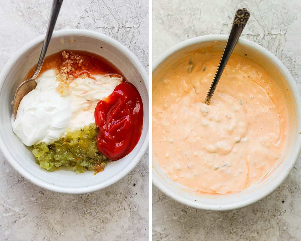 Two images showing the ingredients for thousand island dressing in a bowl and then mixed together.
