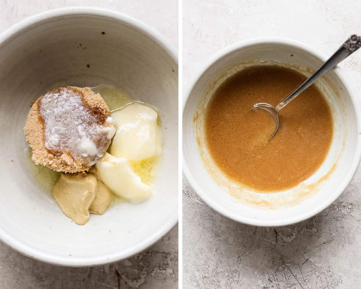 Two images showing the glaze ingredients in a bowl and then mixed together.