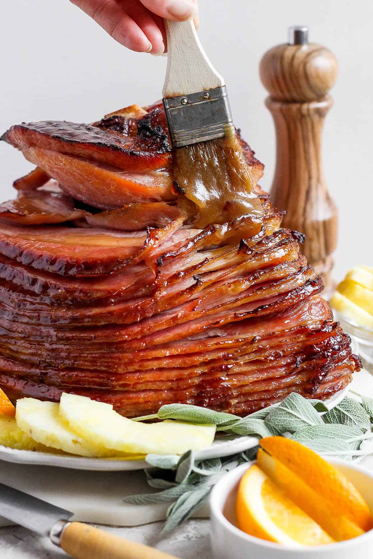 Spiral ham on a plate with glaze.