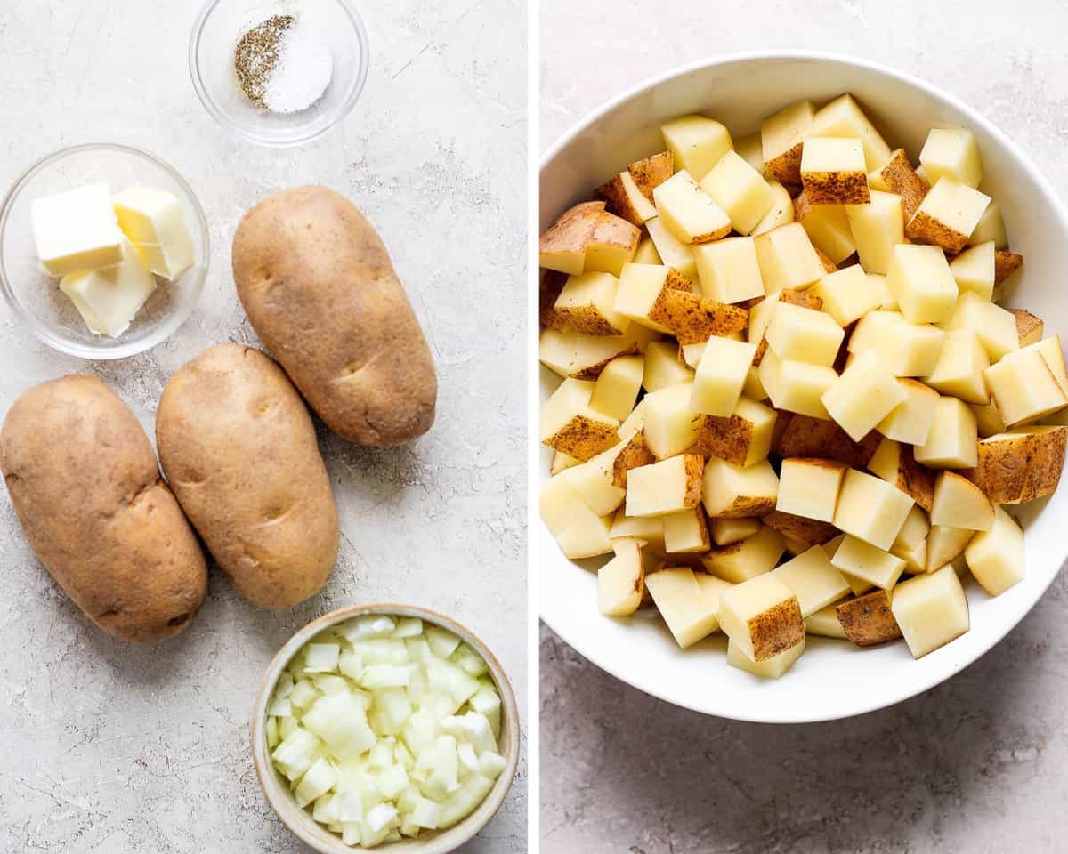 Two images showing all of the ingredients and then the cubed potatoes in a white bowl.