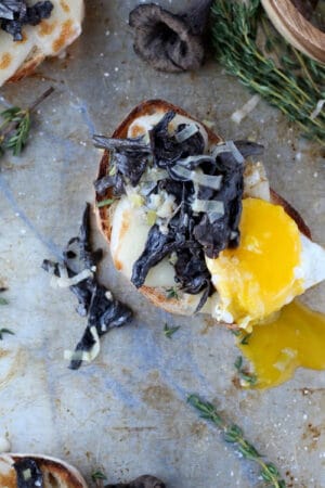 A recipe for creamy leeks with black trumpet mushrooms on toast.