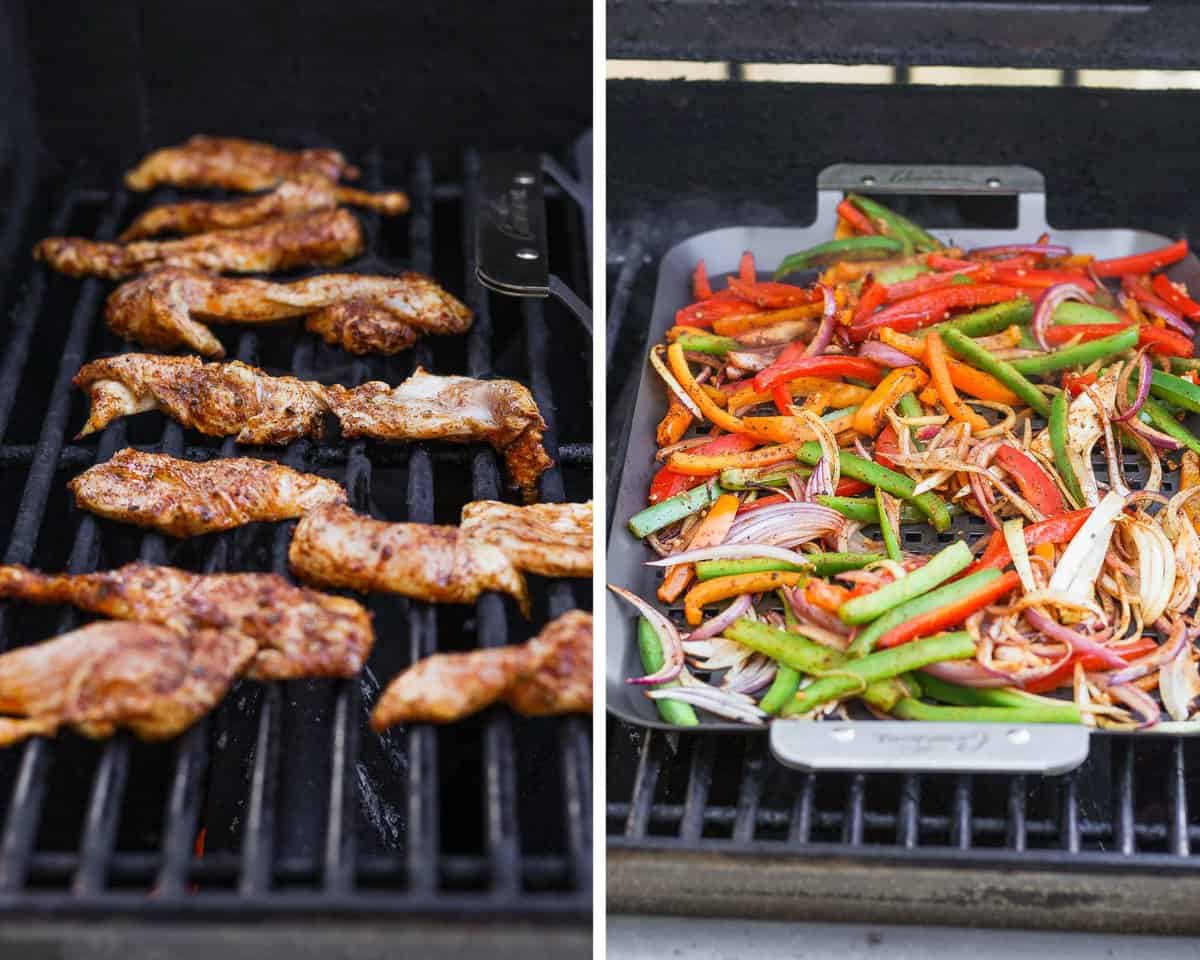 Two images showing the chicken strips on the grill and the fajita veggies on a grill pan directly on the grill.
