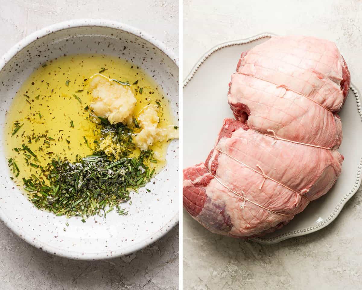 Two images showing the marinade in a bowl and lamb roast on a plate.