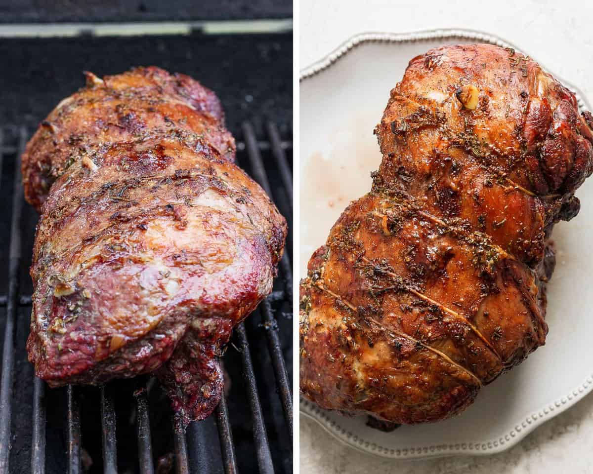 Two images showing the cooked lamb on the grill and then resting on a large plate.