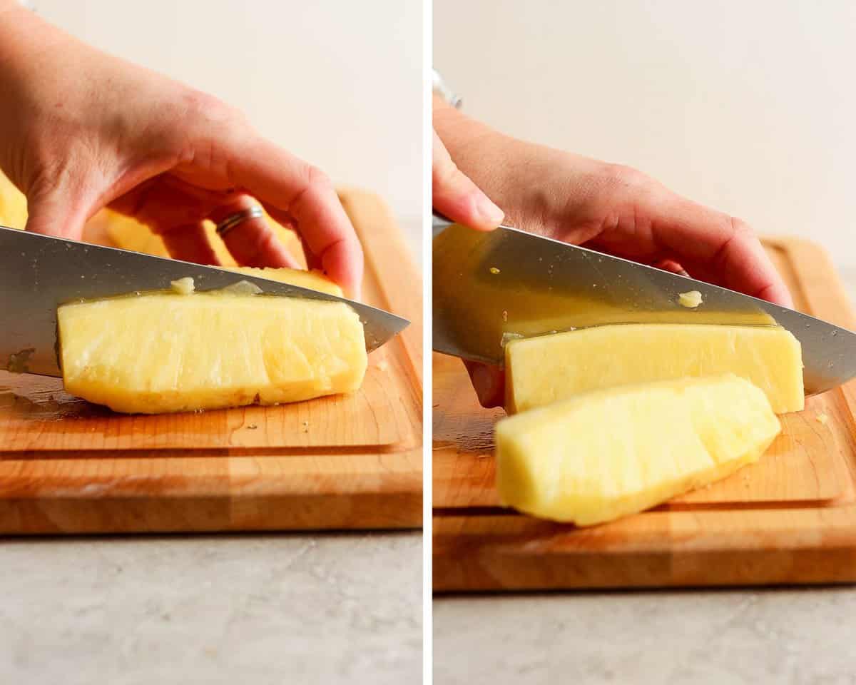 The strip of pineapple on it's side being cut into thin strips.