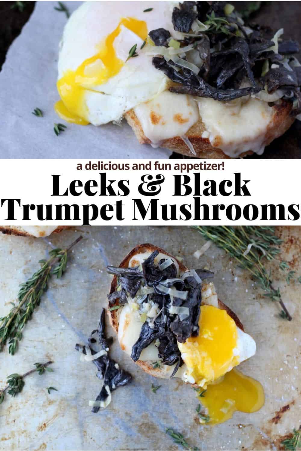 Pinterest image for creamy leeks and trumpet mushrooms.