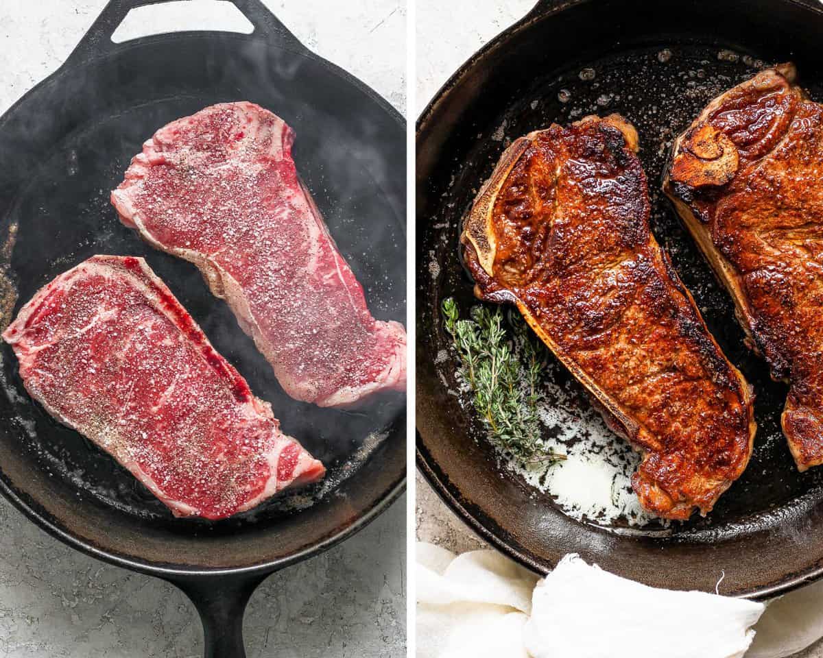 Two images showing the steaks searing in the skillet and then after more butter and thyme added.