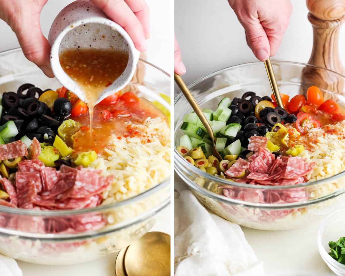 A small cup of salad dressing being poured over the ingredients and then two spoons tossing the salad.