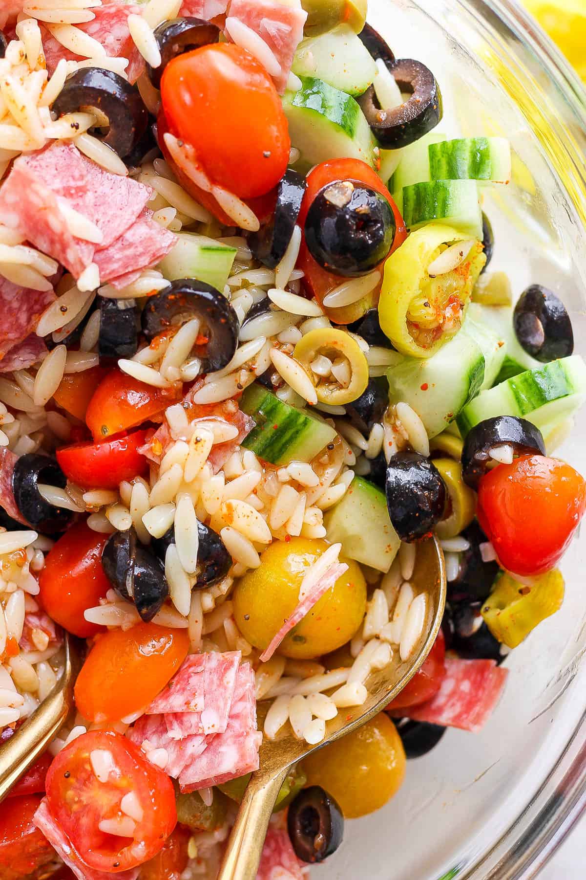 Orzo salad in a bowl.