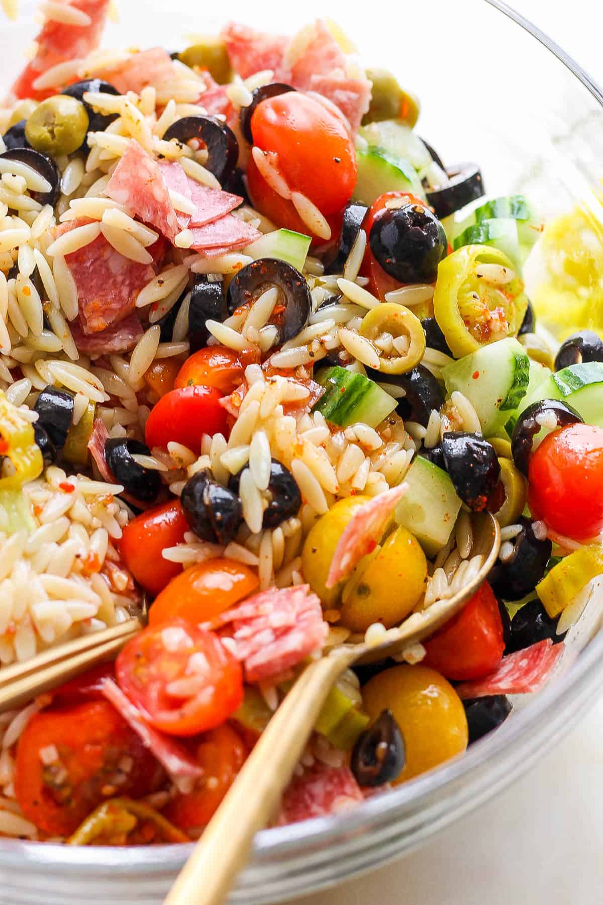 Orzo salad in a bowl. 