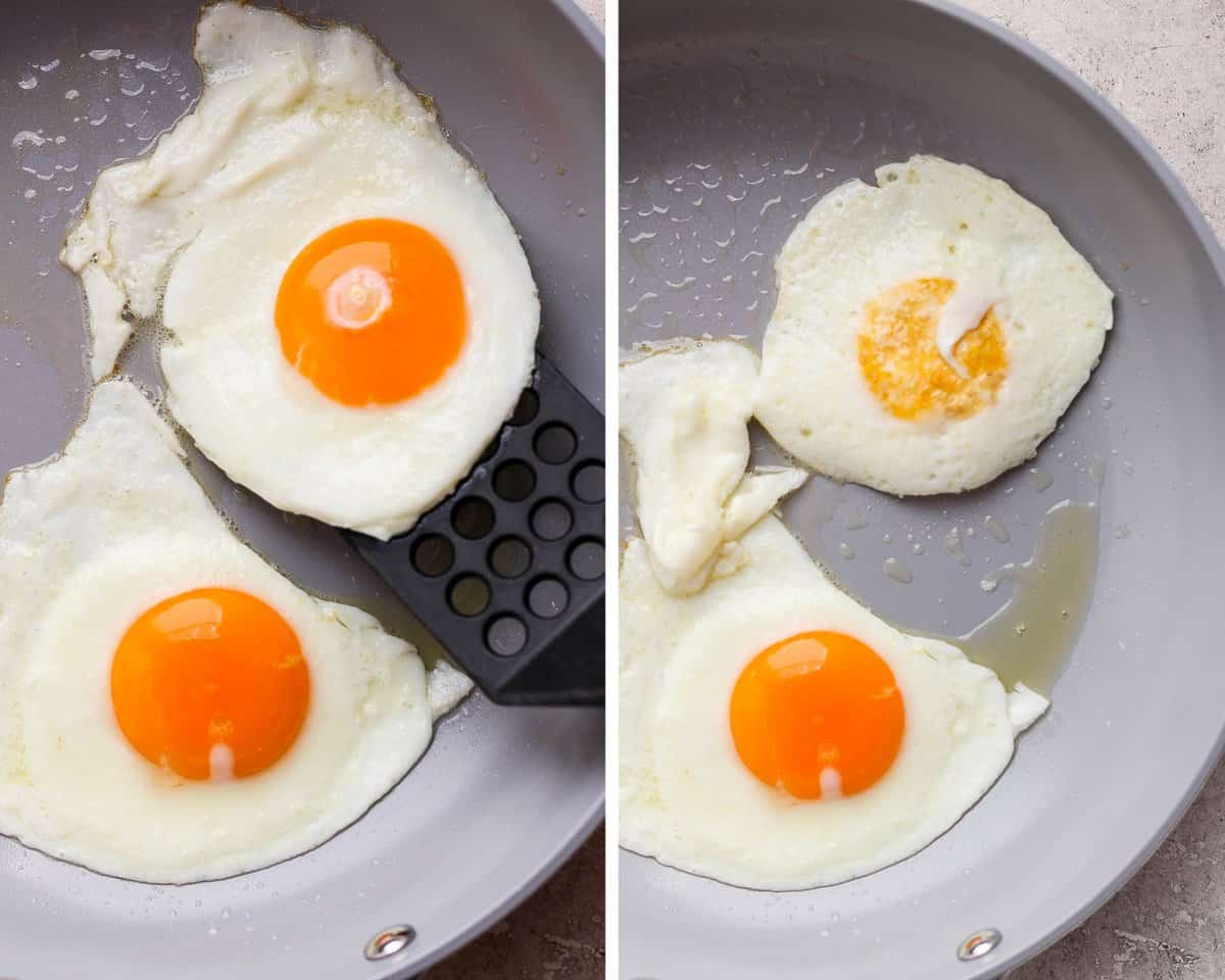 A spatula picking up one of the eggs and then flipping the egg in the skillet. 