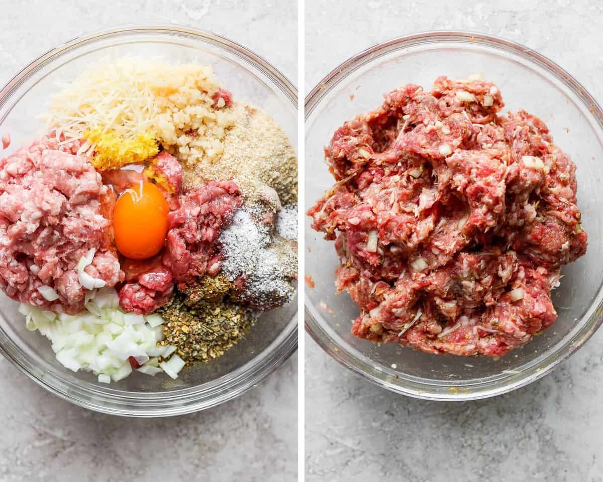 Two images showing the meatball ingredients separate in a glass bowl and then mixed together.