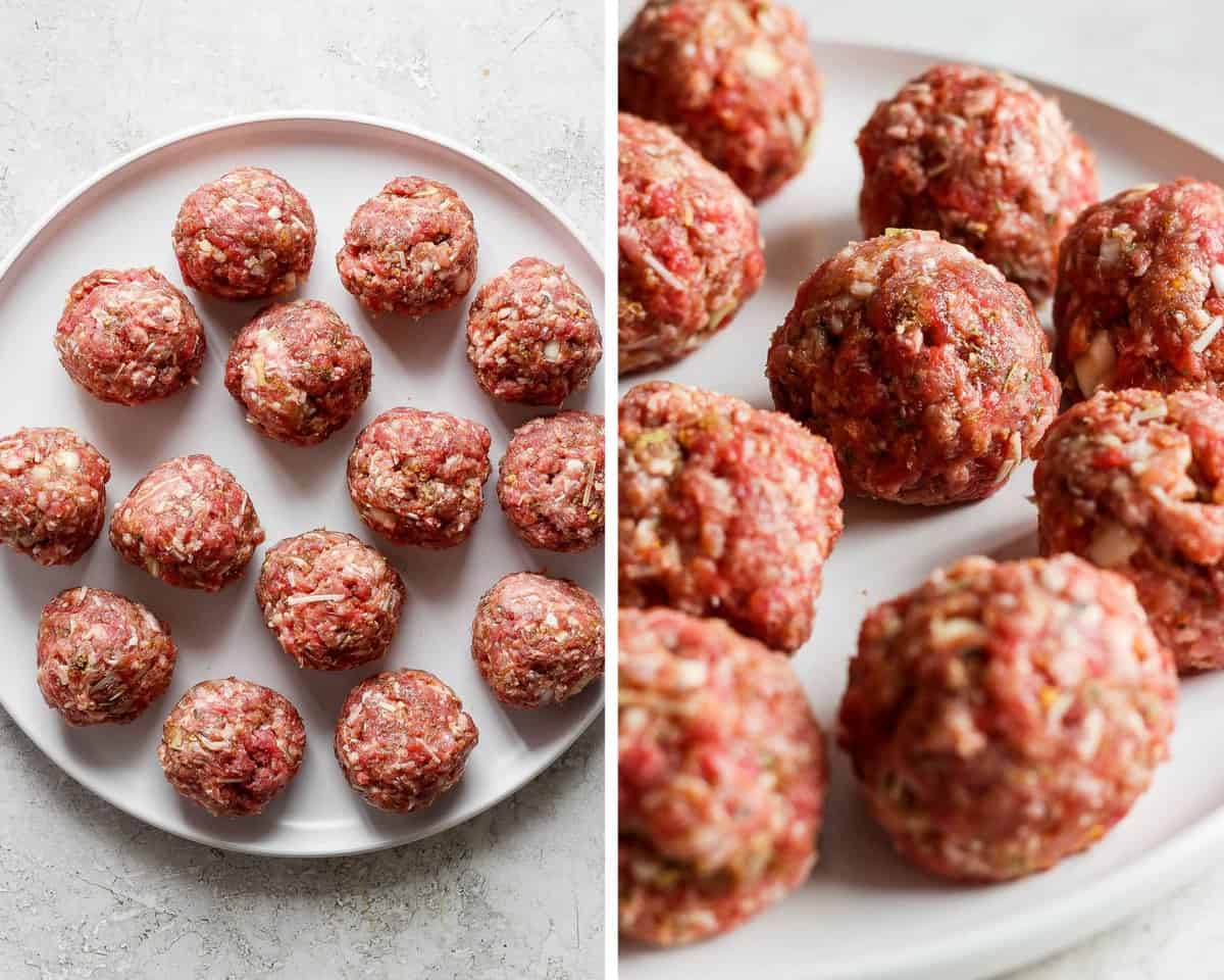 Two images showing formed meatballs on a white plate and then a close-up shot.