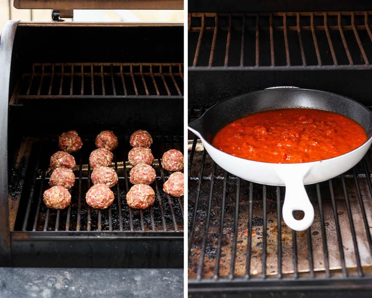 Two images showing the meatballs on the grill grates and the skillet of marinara sauce on the smoker.
