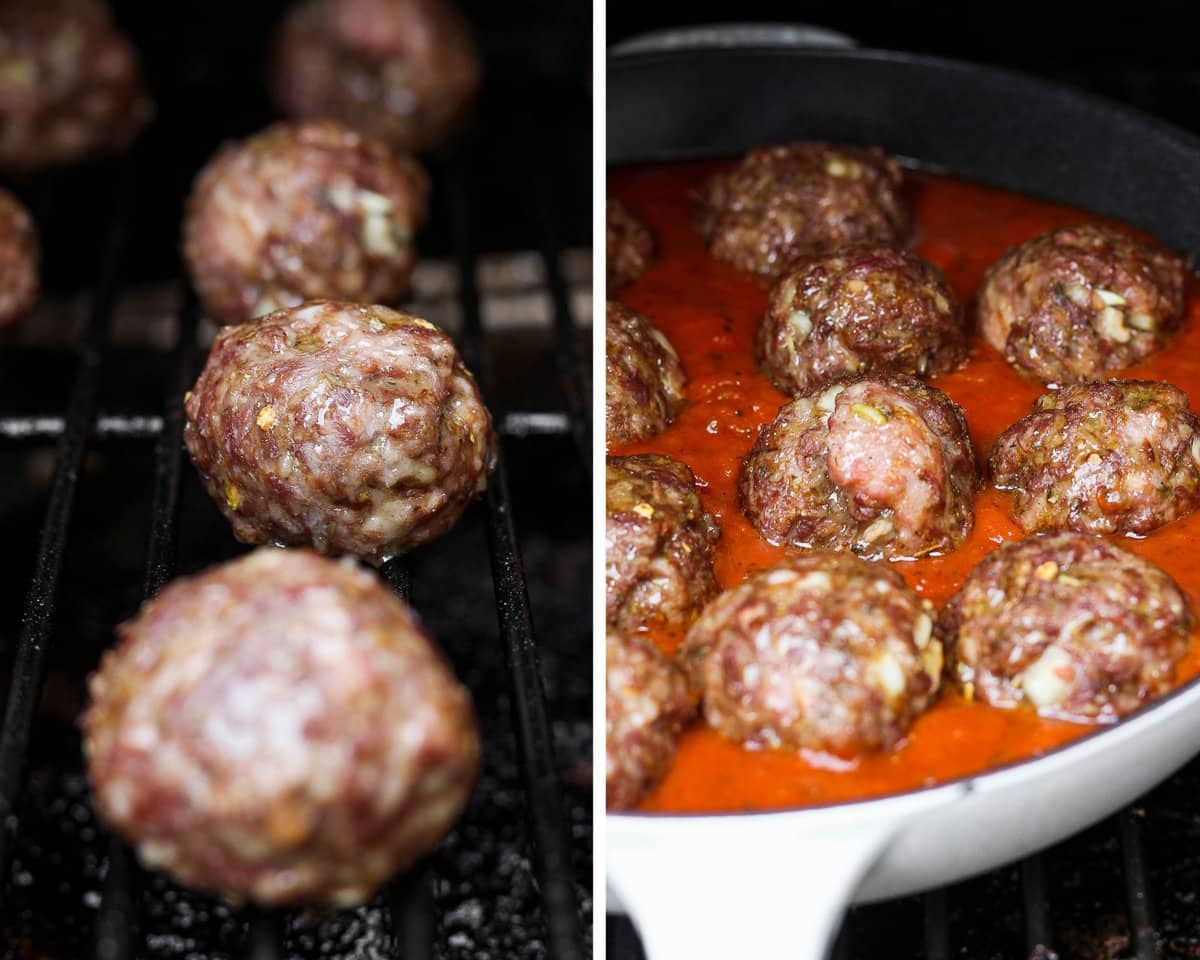 Smoked meatballs on the smoker and then the meatballs added to the skillet of sauce.