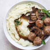 The best meatballs and gravy recipe with cauliflower mash.