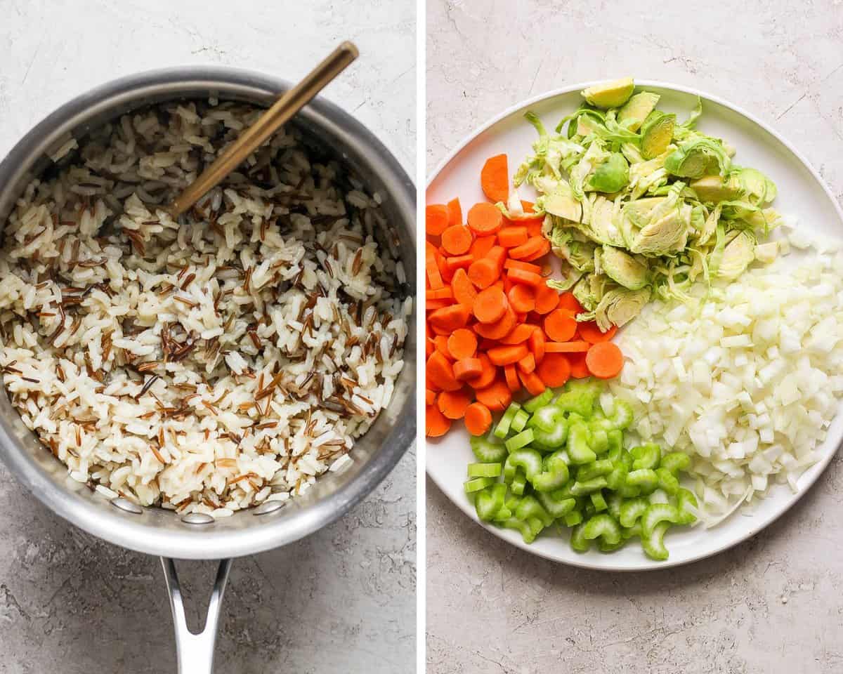 Two images showing the wild rice blend cooked in a metal saucepan and the vegetables prepped on a plate.
