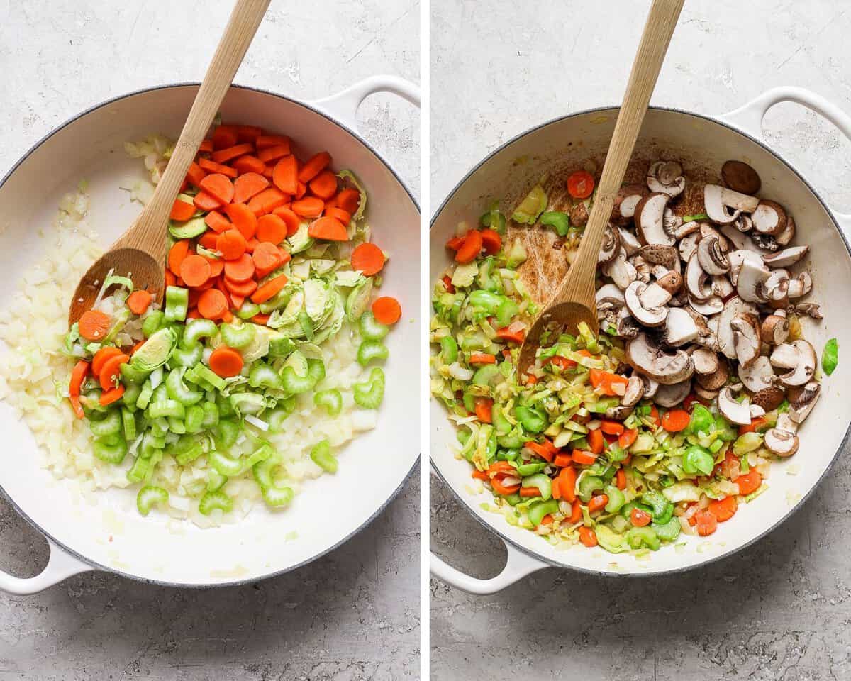 Two images showing the carrots and celery added and then the mushrooms added to the pan.