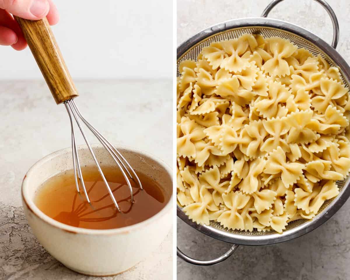 Two images showing the dressing being whisked in a small bowl and the cooked pasta in a colander.