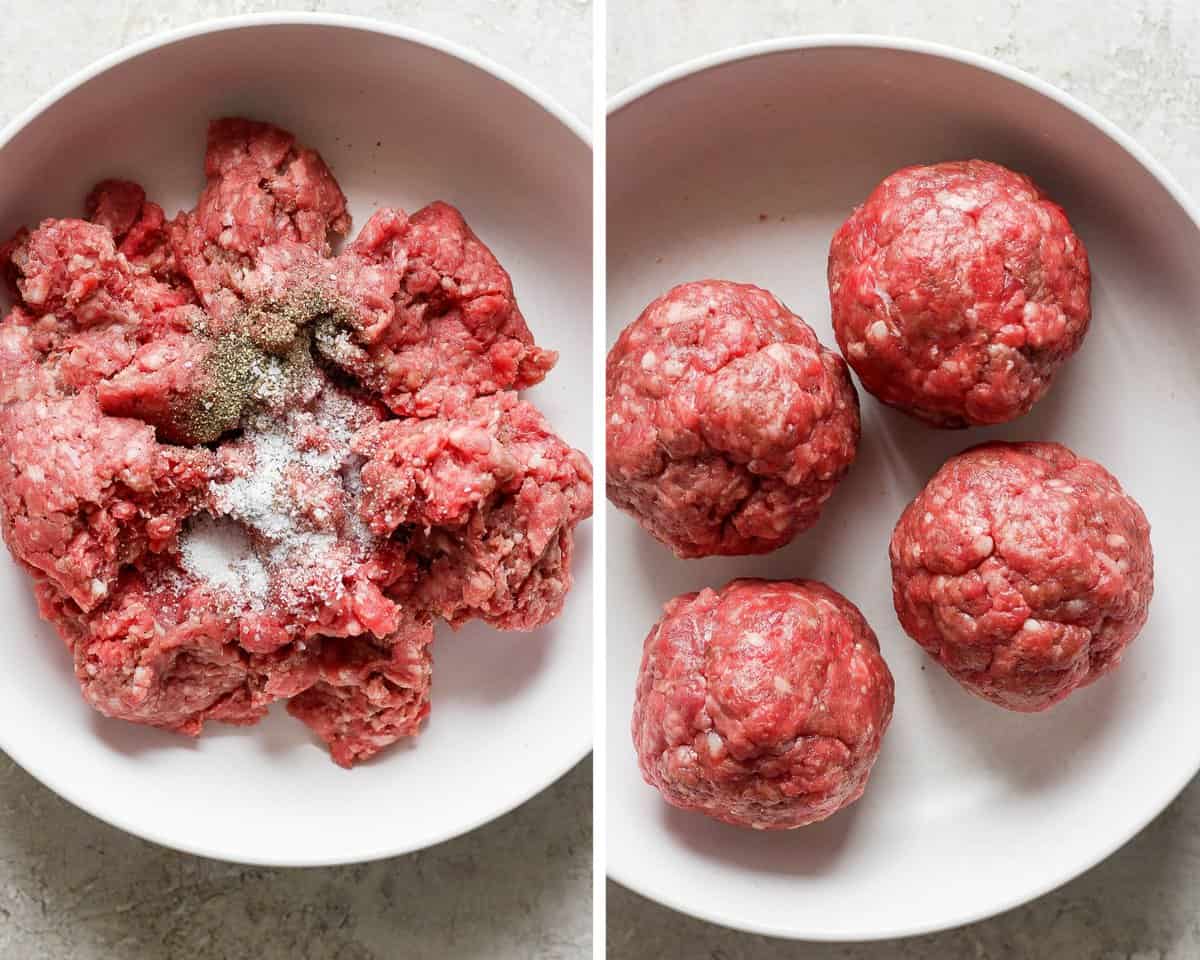 Two images showing the ground beef with salt and pepper in a bowl and then the beef rolled into balls.
