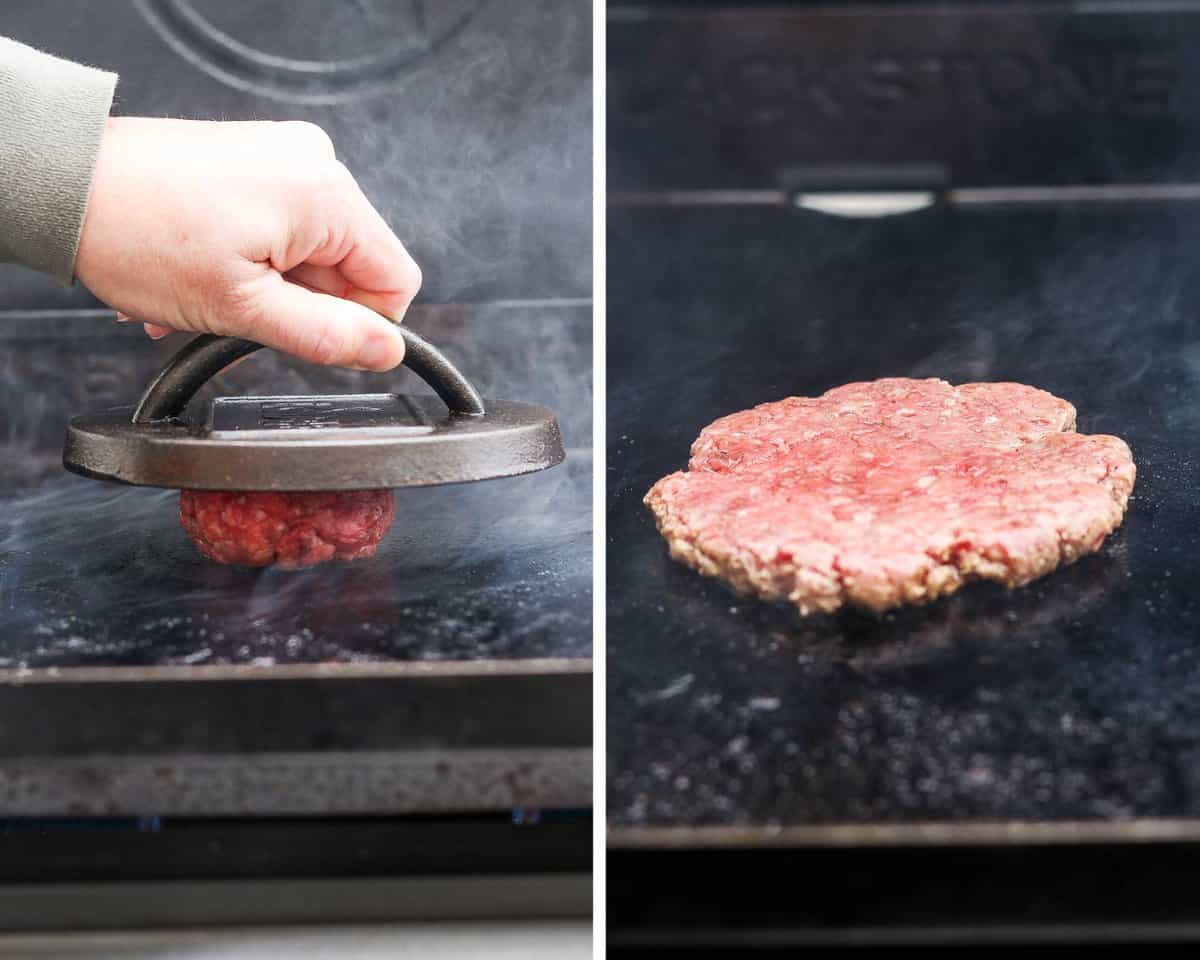Two images showing a burger ball being smashed on the blackstone grill and the burger patty cooking.