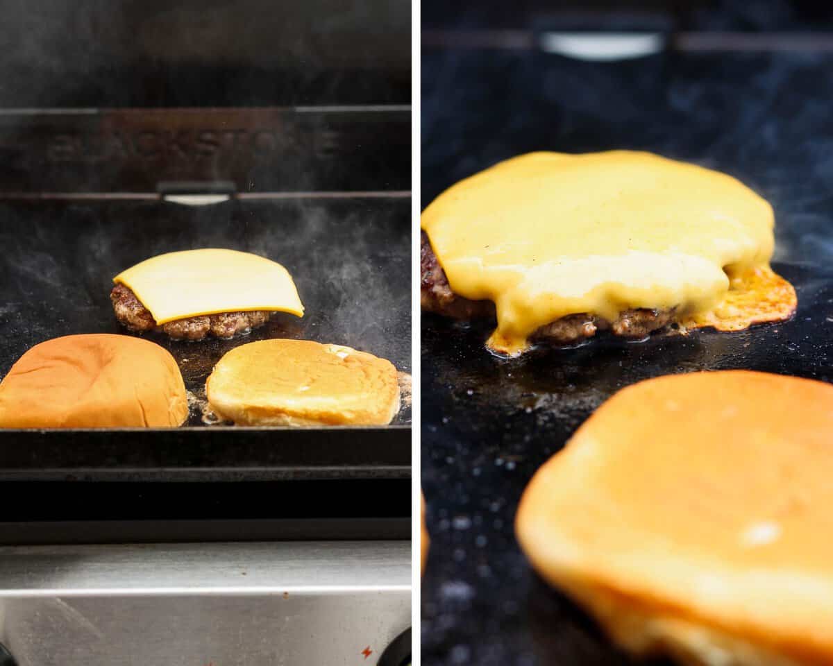 Two images showing the cheese added to the patty and bun added to cook top and a close-up of the cooked burger with cheese.