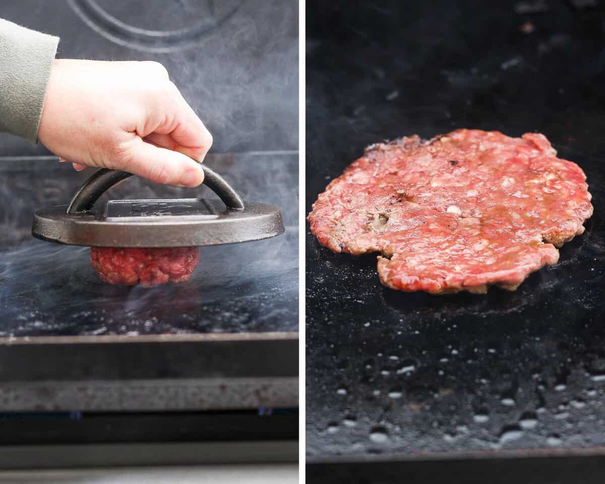 A hand holding a burger press on top of burger ball on a black stone.  The image next to it shows the flattened burger ball smashed into a burger patty.