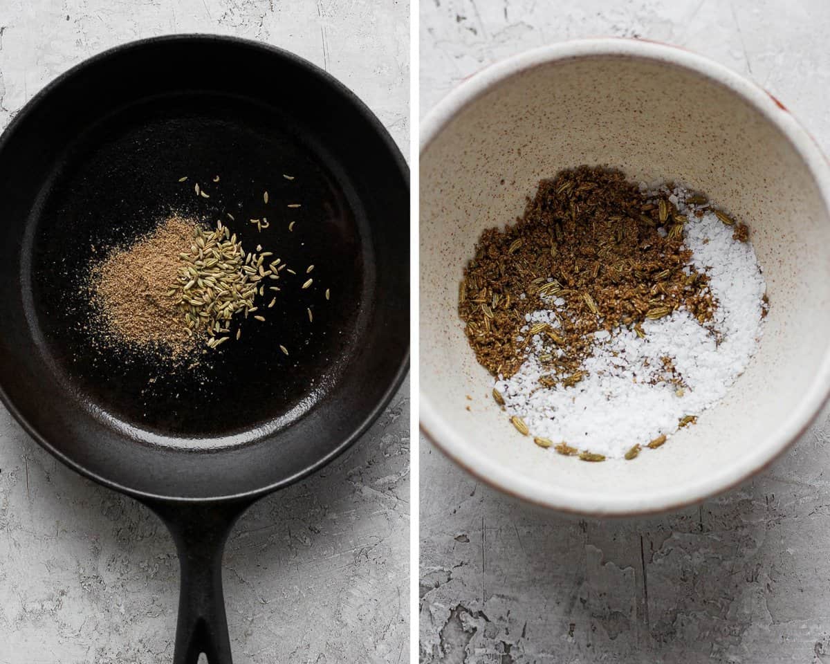 Two images showing the coriander and fennel in a skillet and then in a bowl with salt and pepper.