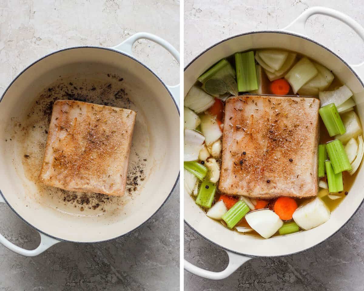 Two images showing seasoned pork belly searing in a dutch oven and then in the pot with carrots, celery, garlic, onion, peppercorns, bay leaves, and broth.