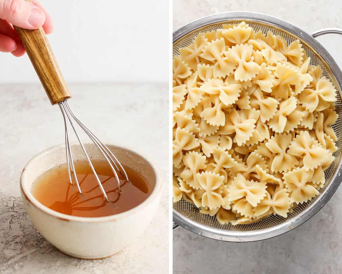 Two images showing the balsamic dressing being whisked and the drained pasta noodles.