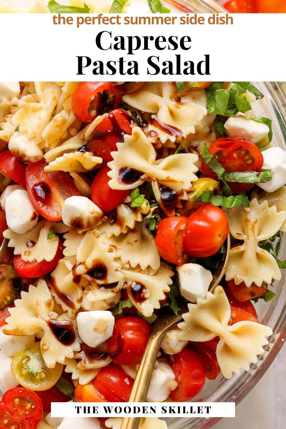 Pinterest image for a caprese pasta salad.