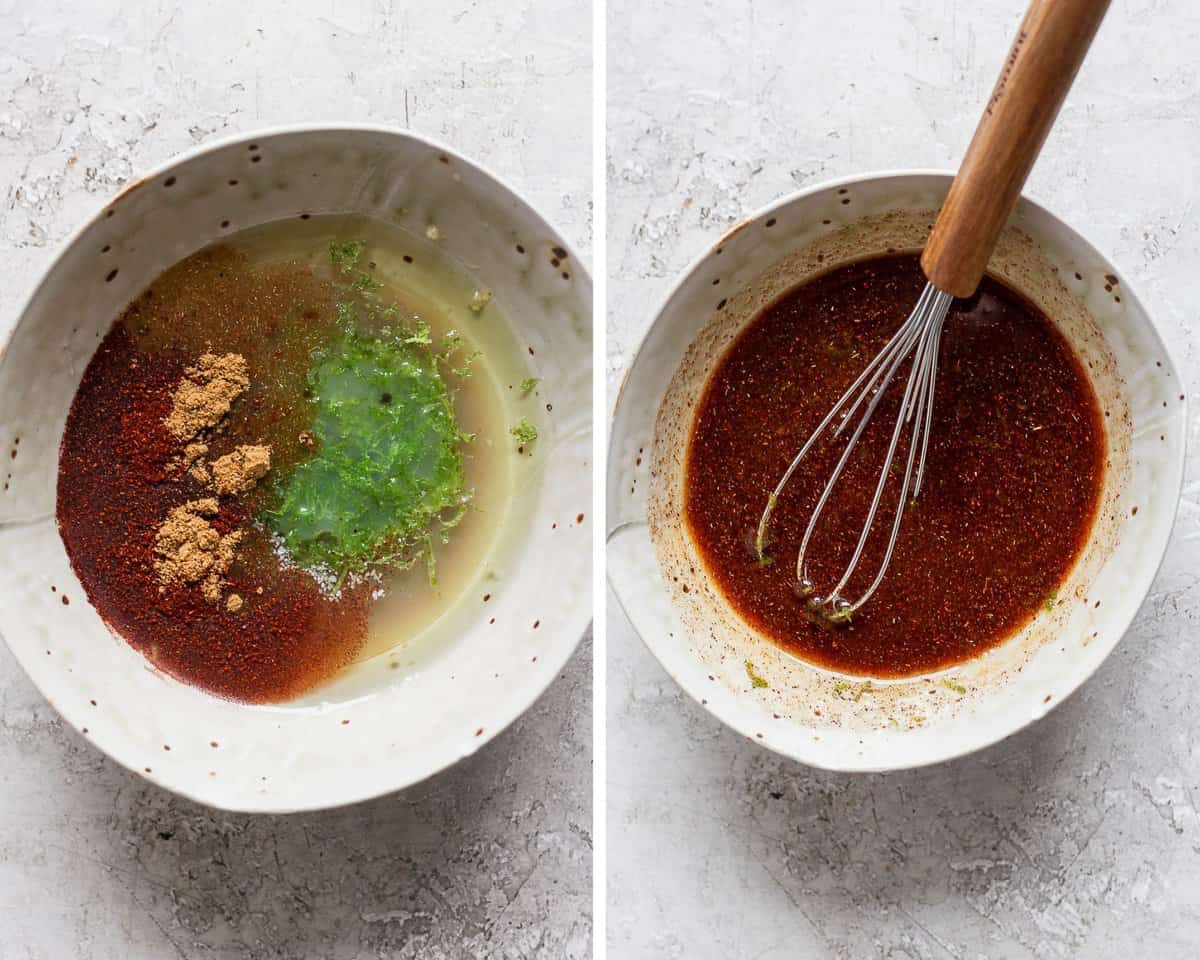 Two images showing the ingredients for the shrimp marinade in a bowl and then whisked together.