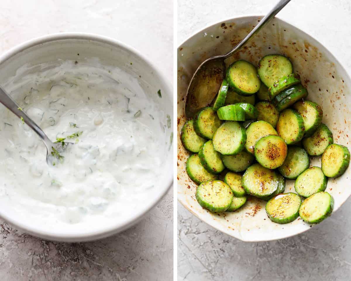 Two images showing the cilantro lime sauce in a bowl and sweet chili cucumbers in another bowl.