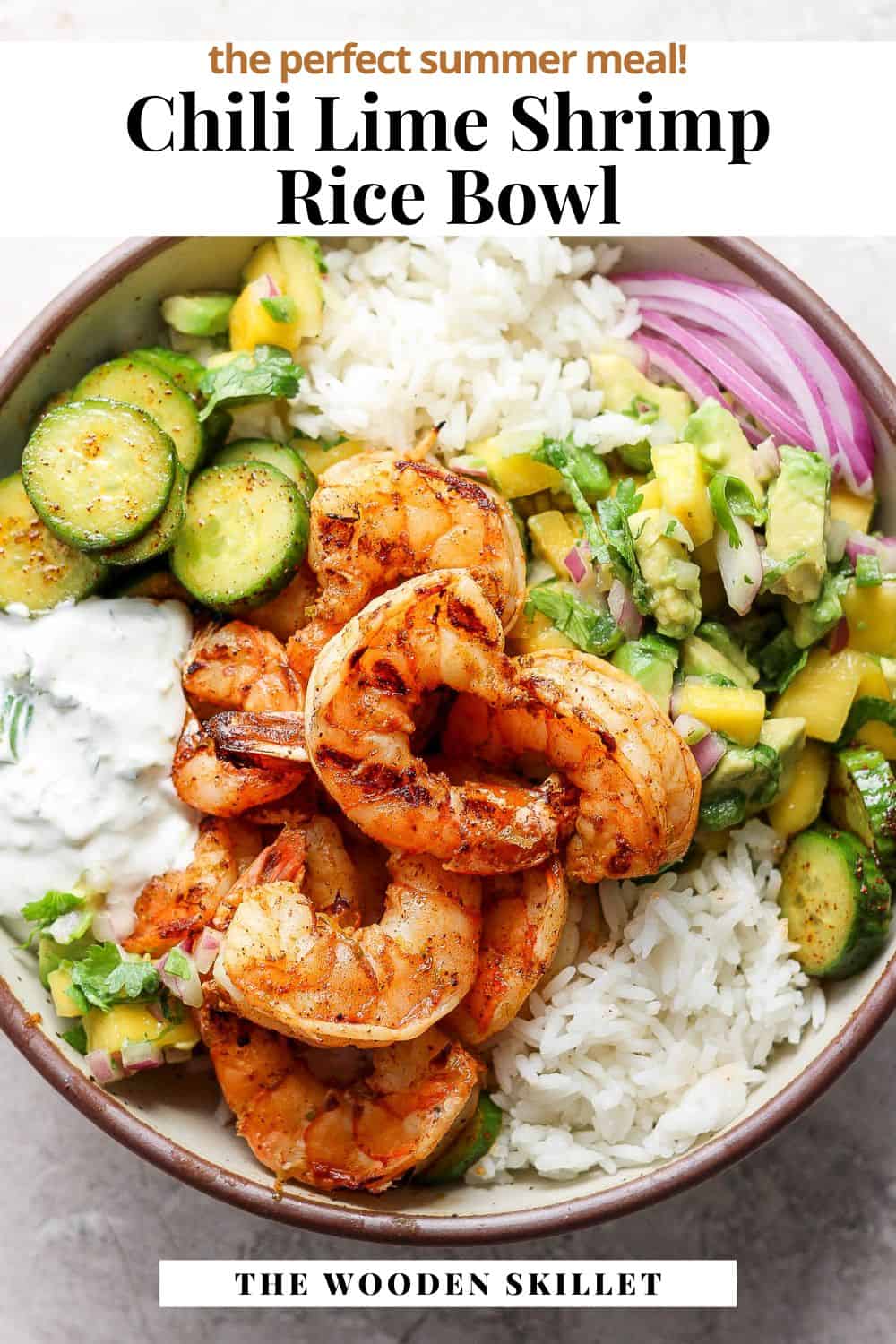 Pinterest image for chili lime shrimp rice bowl.