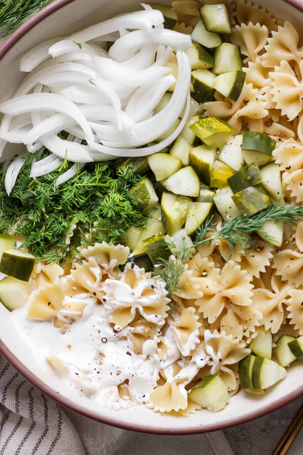 The best recipe for a dill pickle pasta salad.
