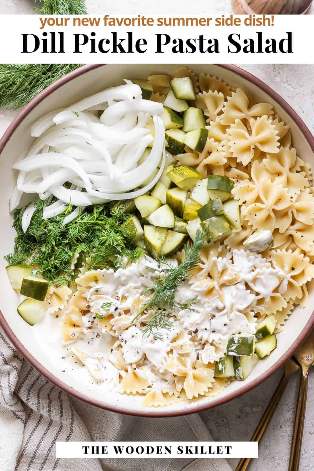 Pinterest image for dill pickle pasta salad.